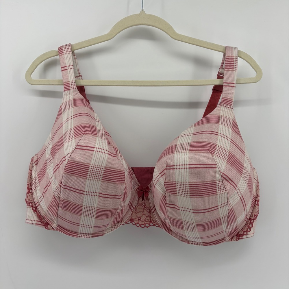 Cacique Womens 44DDD Pink Plaid Full Coverage Lightly Lined Underwire Lace Bra